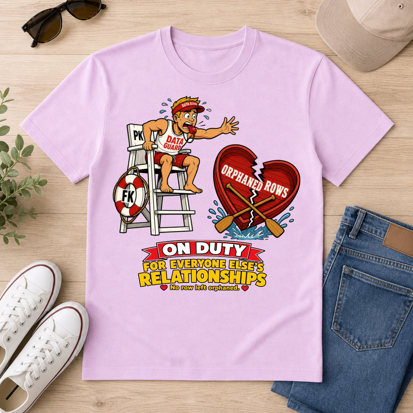 A light purple graphic t-shirt laid flat on a light wood background, styled with sunglasses, a beige cap, white sneakers, and blue jeans. The graphic features a cartoon lifeguard with the text 'DATA GUY' and a broken heart with the text 'ORPHANED BOWS'.