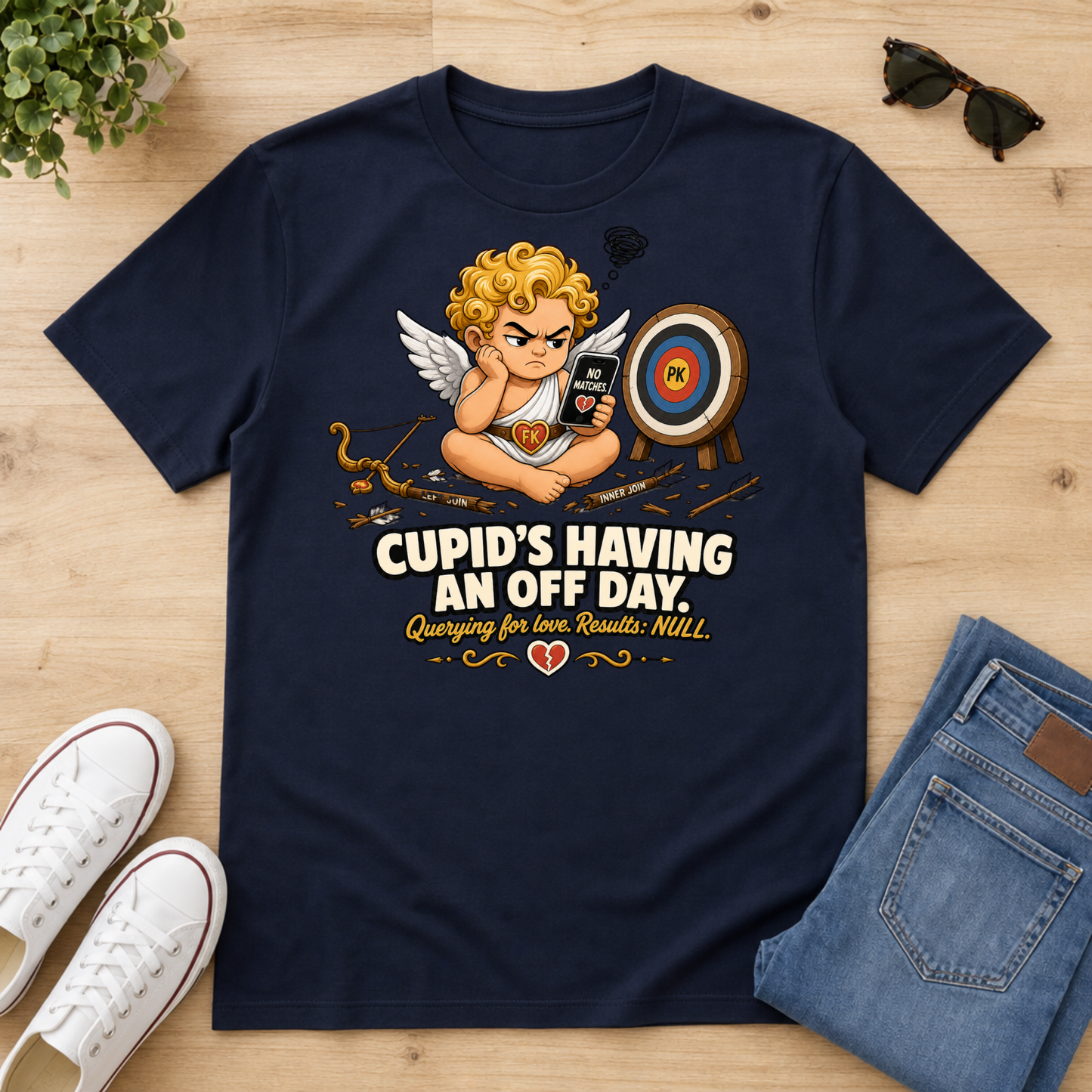 A navy blue graphic t-shirt featuring a cartoon cupid with a phone and the text 'CUPID'S HAVING AN OFF DAY, Quirking for love, Results: NO!' printed on the front. The t-shirt is displayed in a flat-lay arrangement on a light wood background, styled with white sneakers, blue jeans, sunglasses, and a small plant.