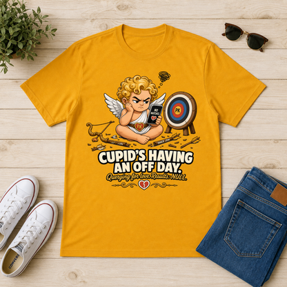 A yellow graphic t-shirt featuring a cartoon Cupid with an arrow, styled in a flat-lay arrangement on a light wood background with white sneakers, blue jeans, sunglasses, and a small plant.