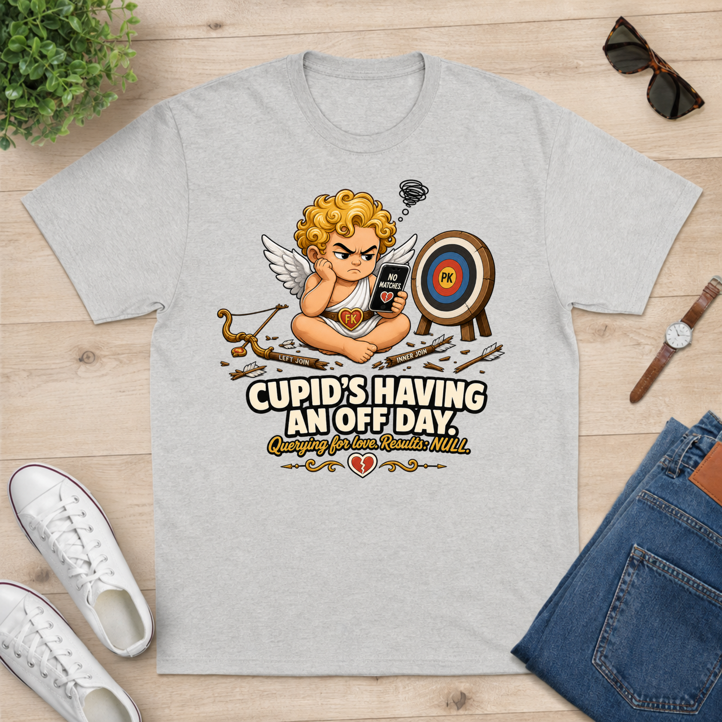 A light heather gray graphic t-shirt laid flat on a light wood surface, surrounded by lifestyle props including white sneakers, folded blue jeans, sunglasses, a watch, and a small plant. The t-shirt features a cartoon cupid aiming a phone at a target with the text 'CUPID'S HAVING AN OFF DAY, Everything You Love Will Be Fine.