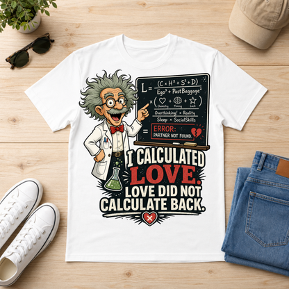 A white graphic t-shirt laid flat on a light wood surface, surrounded by styled props including white sneakers, folded blue jeans, sunglasses, a cap, and a small plant. The shirt features a cartoon scientist holding a chalkboard with the text 'I CALCULATED LOVE.