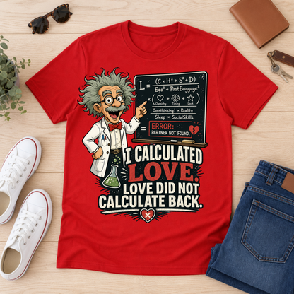 A red graphic t-shirt featuring a cartoon of Albert Einstein pointing to a chalkboard with the text 'I CALCULATED LOVE LOVE DID NOT CALCULATE BACK.' The shirt is displayed in a flat-lay arrangement on a light wood background, surrounded by white sneakers, sunglasses, a brown wallet, a small plant, and blue jeans.