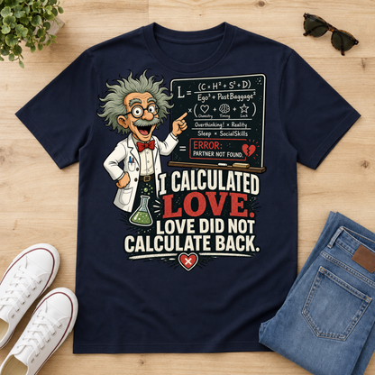 A navy blue graphic t-shirt laid flat on a light wood surface, styled with white sneakers, folded blue jeans, sunglasses, and a small plant. The shirt features a cartoon of Albert Einstein pointing to a chalkboard with love equations, and the text 'I CALCULATED LOVE.
