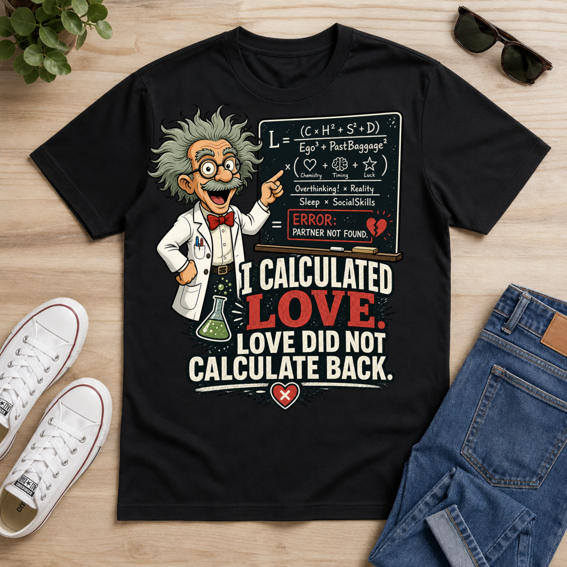 A black graphic t-shirt laid flat on a light wood surface, surrounded by white sneakers, sunglasses, a small plant, and blue jeans. The shirt features a cartoon scientist pointing to a chalkboard with the text 'I CALCULATED LOVE.