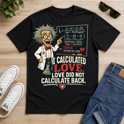 A black graphic t-shirt laid flat on a light wood surface, surrounded by white sneakers, sunglasses, a small plant, and blue jeans. The shirt features a cartoon scientist pointing to a chalkboard with the text 'I CALCULATED LOVE.