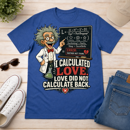 A royal blue graphic t-shirt laid flat on a light wood surface, surrounded by lifestyle props including white sneakers, folded blue jeans, sunglasses, a plant, and a beige cap. The t-shirt features a cartoon of Albert Einstein pointing to a chalkboard with equations, above the text 'I CALCULATED LOVE.