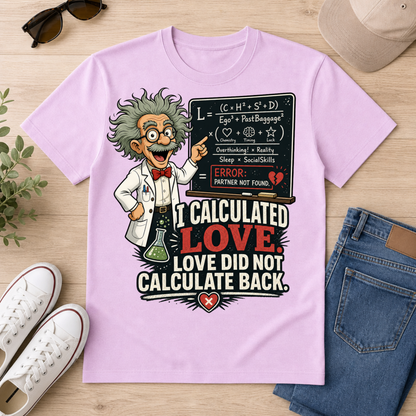 A light pink graphic t-shirt laid flat on a light wood surface, styled with sunglasses, a beige cap, greenery, white sneakers, and blue jeans. The t-shirt features a cartoon scientist pointing to a chalkboard with physics equations, and the text 'I CALCULATED LOVE.