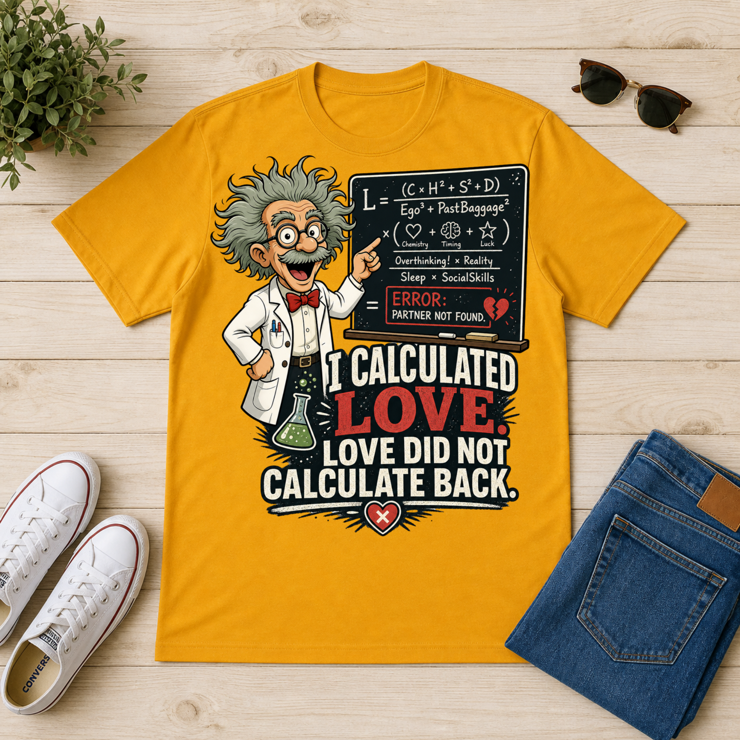 A yellow graphic t-shirt featuring a cartoon scientist and the text 'I CALCULATED LOVE LOVE DID NOT CALCULATE BACK.' displayed in a flat-lay arrangement on a light wood background with jeans, sneakers, sunglasses, and a plant.