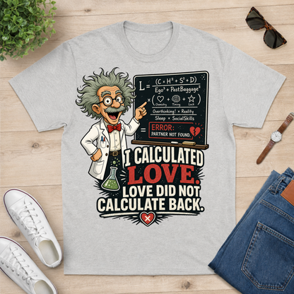 A light heather gray graphic t-shirt laid flat on a light wood background, surrounded by lifestyle props including white sneakers, sunglasses, a watch, a plant, and blue jeans. The t-shirt features a cartoon of Albert Einstein pointing to a chalkboard with physics formulas, and the text 'I CALCULATED LOVE LOVE DID NOT CALCULATE BACK.