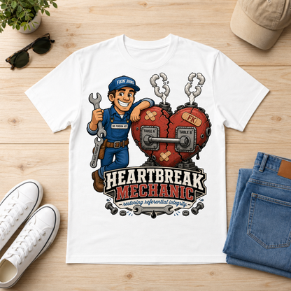 A white graphic t-shirt featuring a cartoon heartbreak mechanic holding a broken red heart, styled in a flat lay on a light wood background with jeans, sneakers, sunglasses, and a cap.