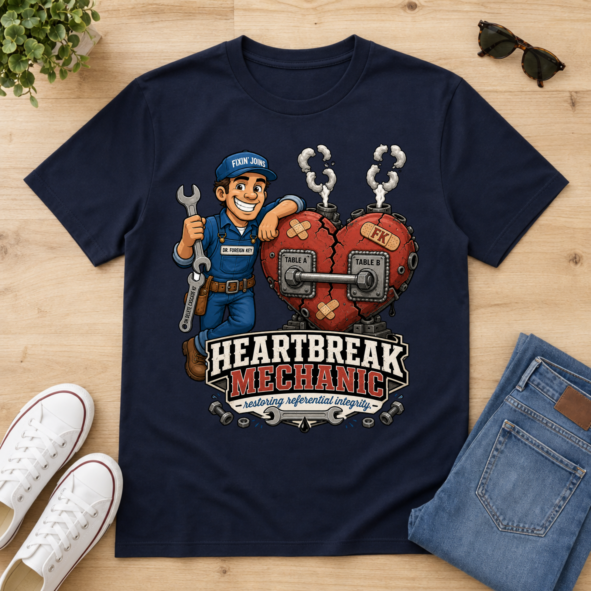 A navy blue graphic t-shirt featuring a cartoon mechanic and a broken heart with the text 'Heartbreak Mechanic' and 'loving referenced players', styled in a flat lay on a light wood background with white sneakers, sunglasses, and folded jeans.