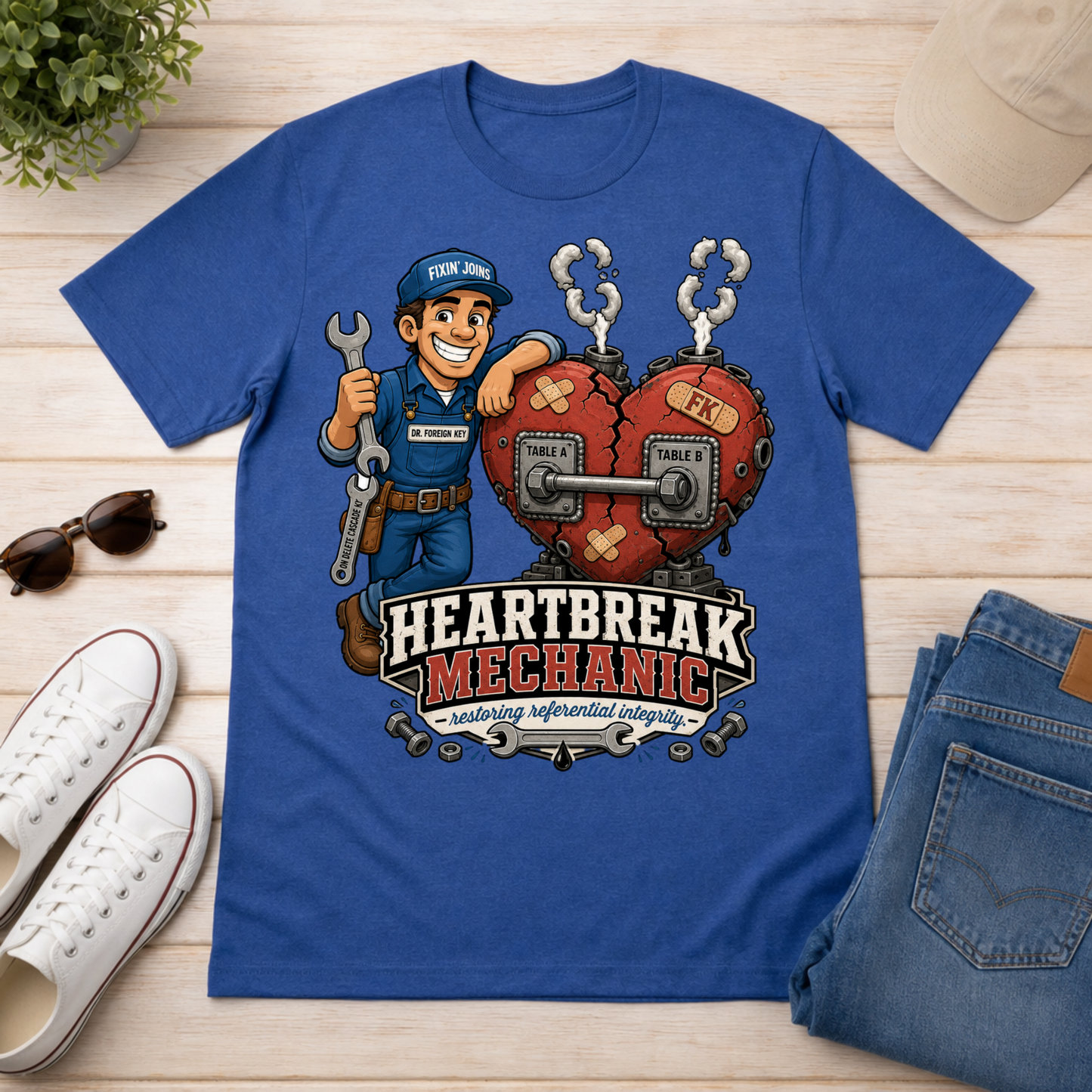 A royal blue graphic t-shirt laid flat on a light wood surface, surrounded by lifestyle props including white sneakers, folded blue jeans, sunglasses, a potted plant, and a beige cap. The t-shirt features a cartoon graphic of a mechanic holding a broken heart-shaped wrench, with the text 'HEARTBREAK MECHANIC' and 'Curing emotional damage'.