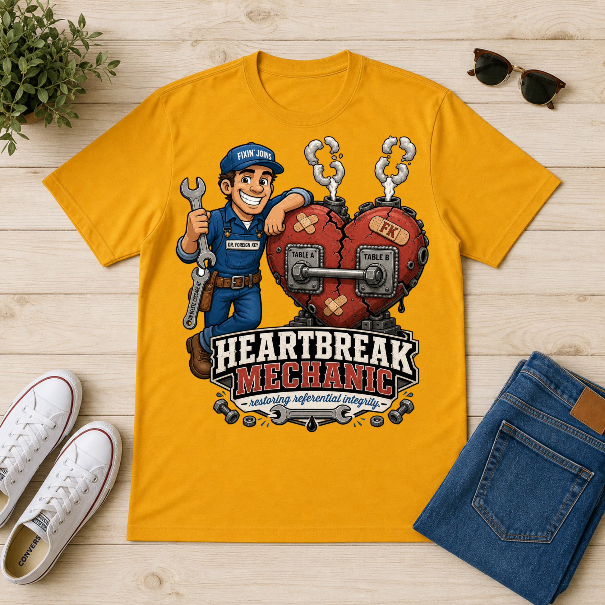 A yellow graphic t-shirt laid flat on a light wood background, surrounded by white sneakers, folded blue jeans, sunglasses, and a small plant. The t-shirt features a cartoon graphic of a mechanic holding a wrench next to a broken heart-shaped car part, with the text 'HEARTBREAK MECHANIC' and 'inspiring differential integrity'.