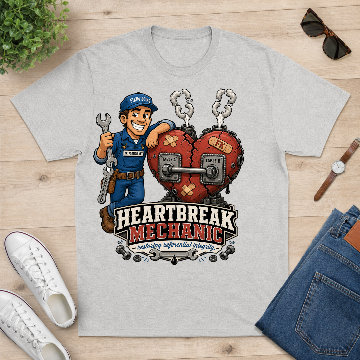 A light heather gray graphic t-shirt laid flat on a light wood surface, featuring a cartoon heartbreak mechanic holding a wrench and a broken red heart. The graphic includes the text 'HEARTBREAK MECHANIC' and 'restoring inflexible pedigrees'.