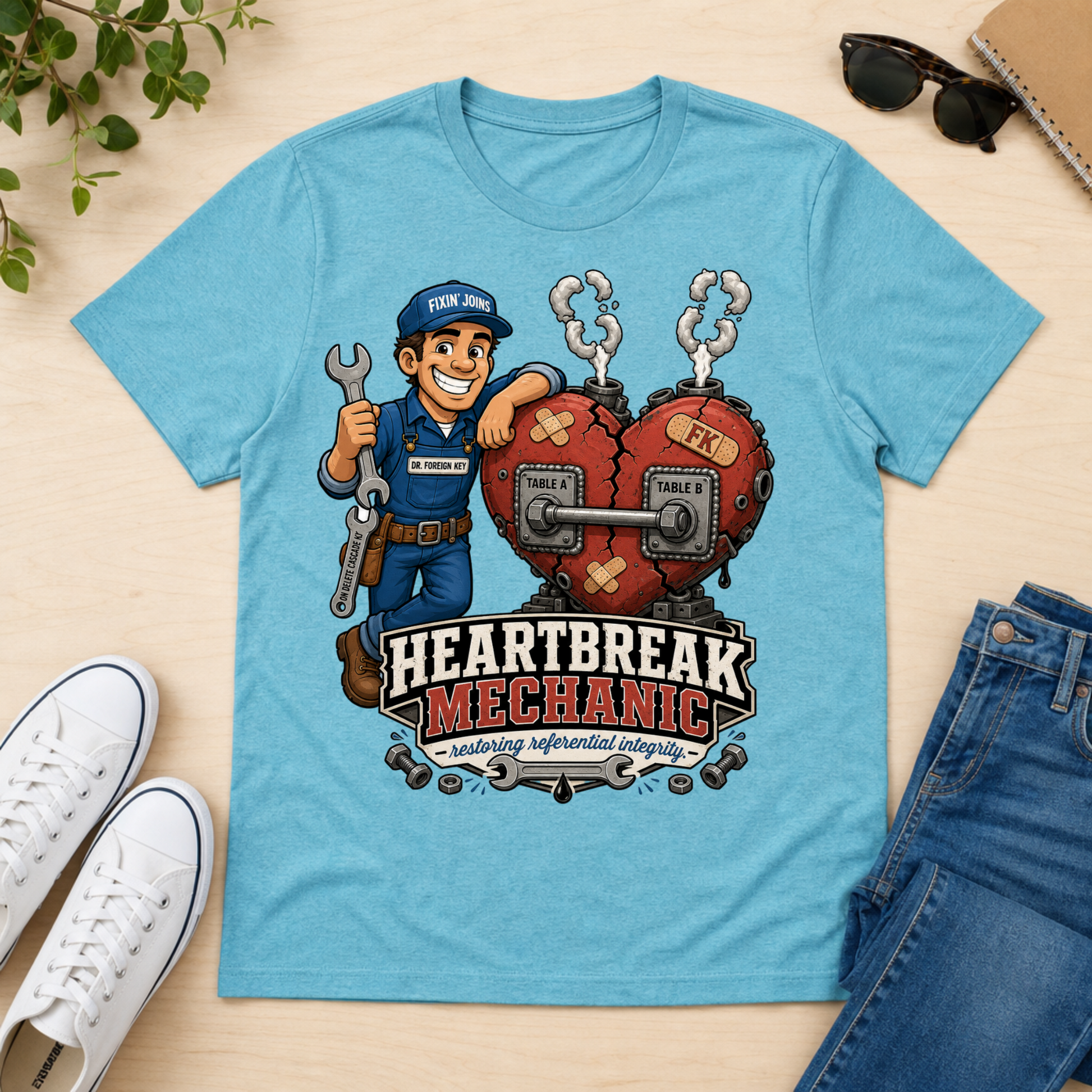 A light blue graphic t-shirt featuring a cartoon mechanic holding a wrench next to a broken heart with the text 'HEARTBREAK MECHANIC' and 'mastering interpersonal skills', shown in a flat-lay arrangement with jeans, sneakers, sunglasses, and a plant on a light wood background.
