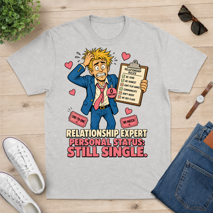 A light heather gray graphic t-shirt laid flat on a light wood background, surrounded by lifestyle props including white sneakers, folded blue jeans, sunglasses, a watch, and a small plant. The t-shirt features a cartoon illustration of a blond man in a blue suit holding a clipboard with relationship rules, surrounded by pink hearts, with the text 'RELATIONSHIP EXPERT PERSONAL STATUS: STILL SINGLE.
