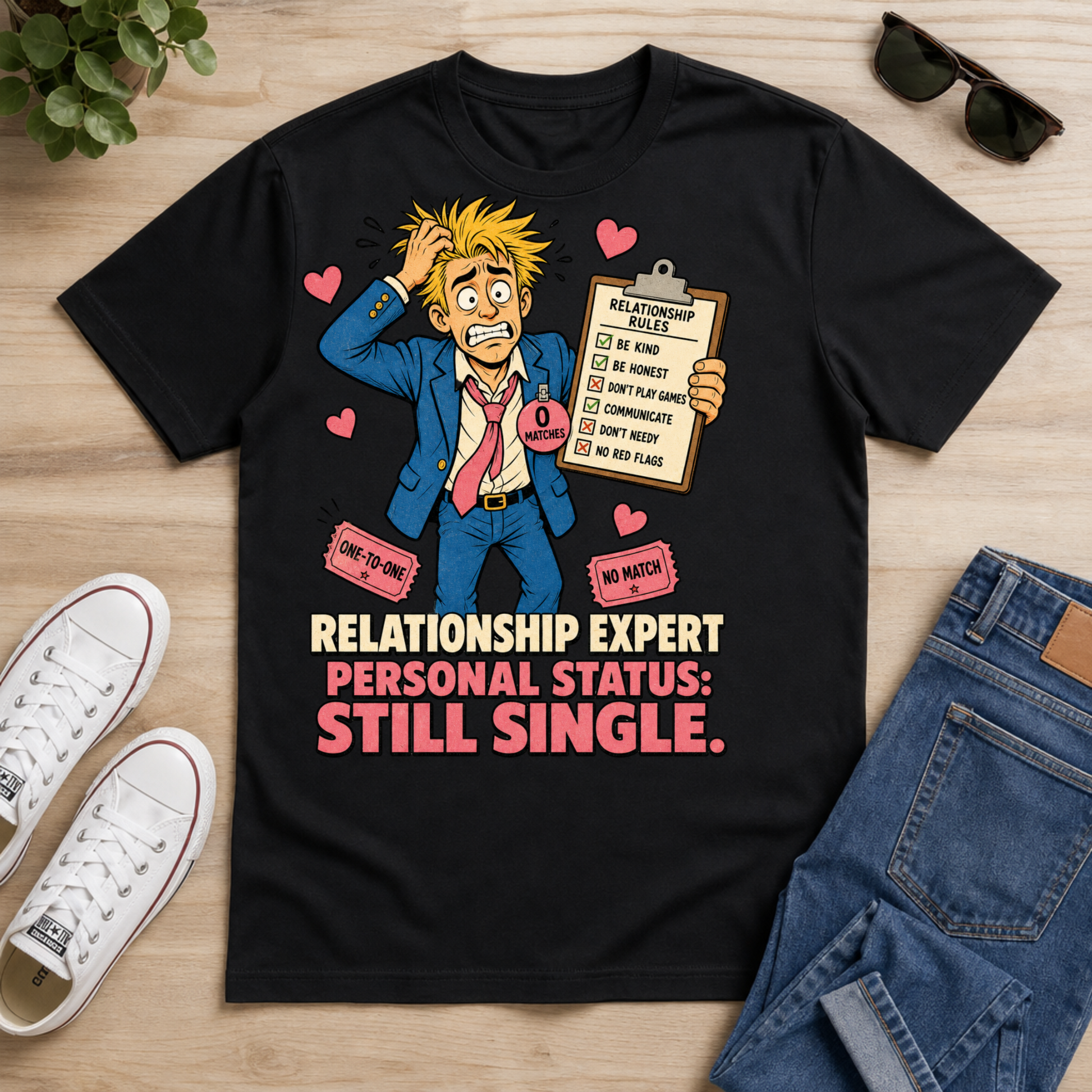 A black graphic t-shirt laid flat on a light wood surface, styled with white sneakers, sunglasses, a plant, and blue jeans. The shirt features a cartoon illustration of a confused man in a blue suit holding a clipboard with relationship rules, surrounded by pink hearts, with the text 'RELATIONSHIP EXPERT PERSONAL STATUS: STILL SINGLE.