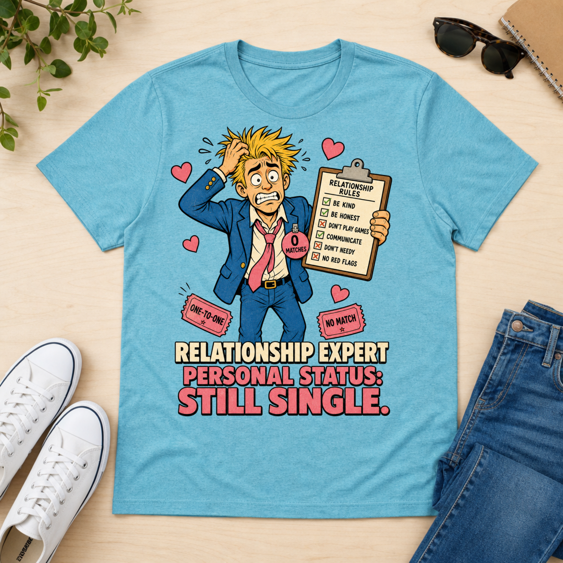 A light blue graphic t-shirt laid flat on a light wood surface, styled with white sneakers, sunglasses, a notebook, and folded blue jeans. The shirt features a cartoon of a blond man in a blue suit holding a clipboard with relationship checklist items, surrounded by pink hearts and the text 'RELATIONSHIP EXPERT PERSONAL STATUS: STILL SINGLE.