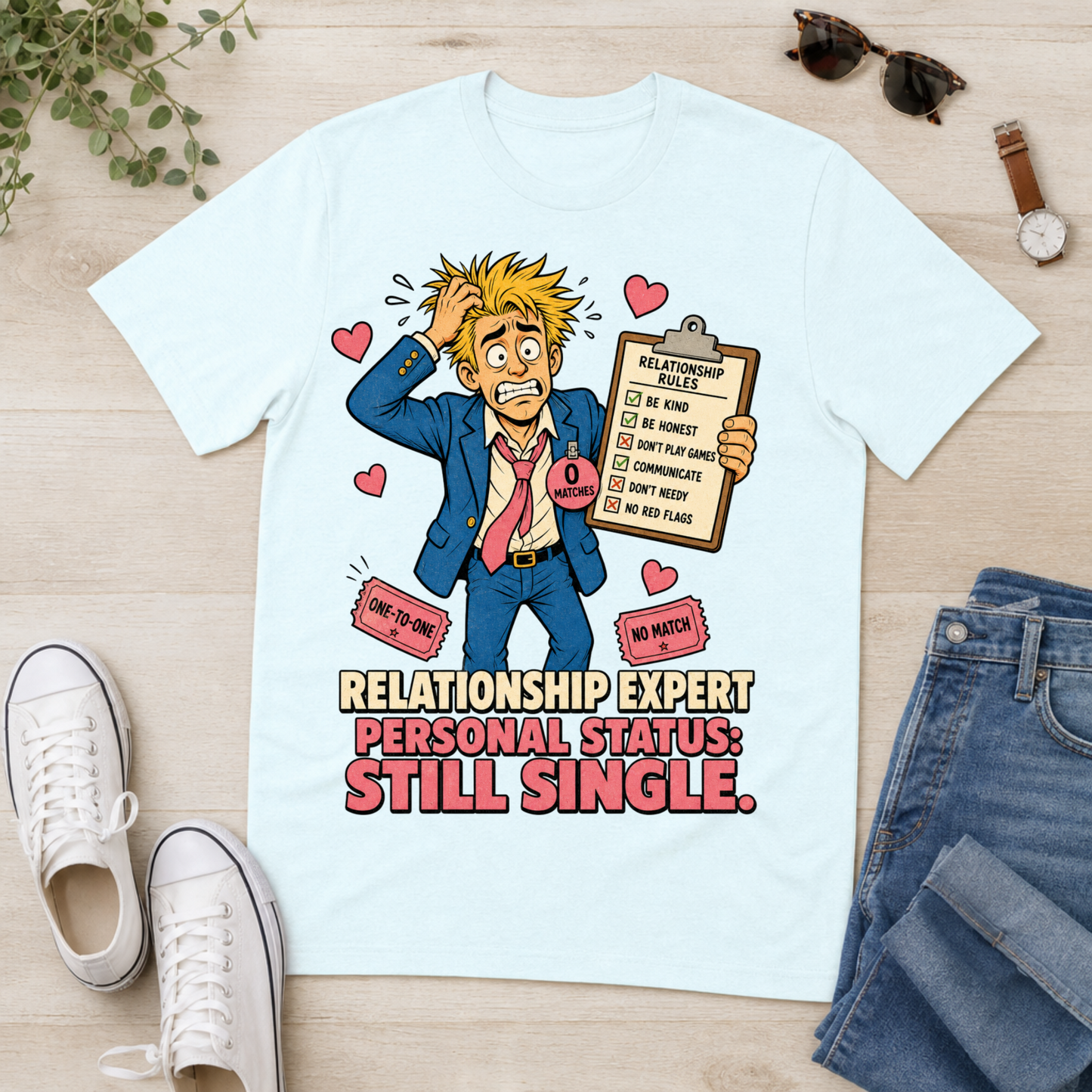 A light blue graphic t-shirt laid flat on a light wood background, surrounded by lifestyle props including blue jeans, white sneakers, sunglasses, a watch, and a small plant. The t-shirt features a cartoon illustration of a stressed-out man with yellow hair holding a clipboard and a heart, with the text 'RELATIONSHIP EXPERT PERSONAL STATUS: STILL SINGLE.