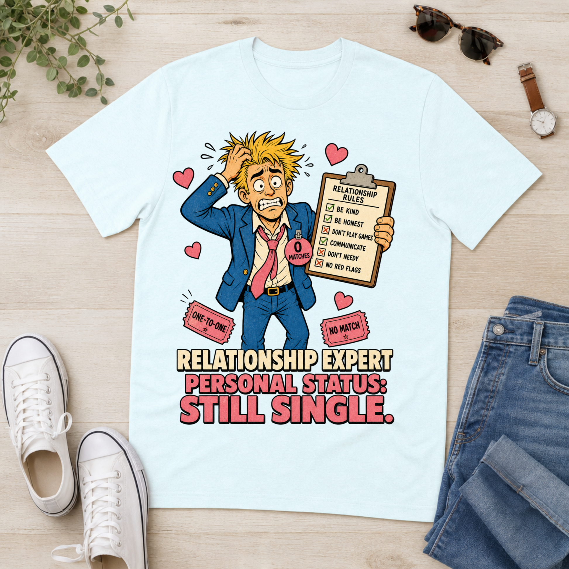 A light blue graphic t-shirt laid flat on a light wood background, surrounded by lifestyle props including blue jeans, white sneakers, sunglasses, a watch, and a small plant. The t-shirt features a cartoon illustration of a stressed-out man with yellow hair holding a clipboard and a heart, with the text 'RELATIONSHIP EXPERT PERSONAL STATUS: STILL SINGLE.