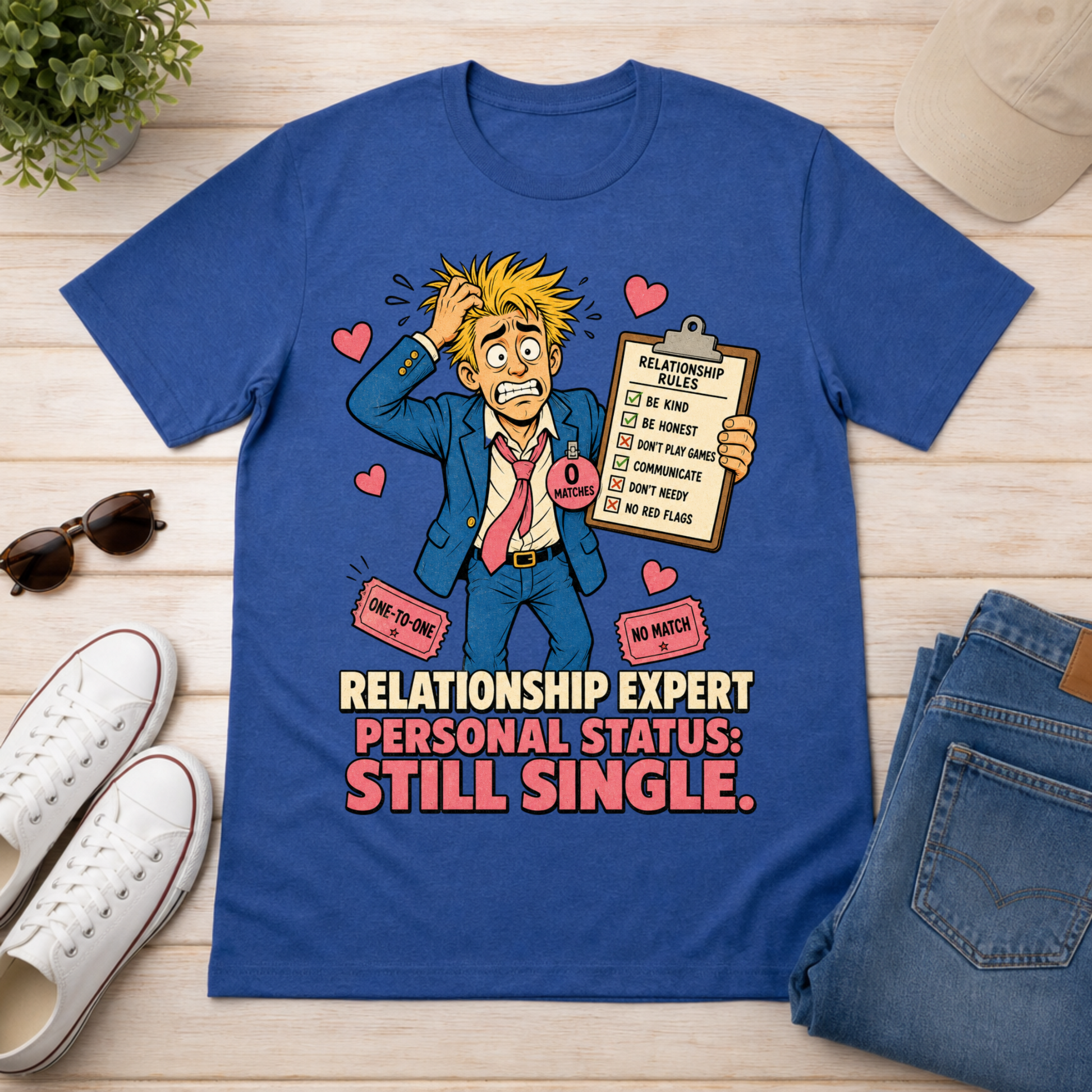 A blue graphic t-shirt laid flat on a light wood surface, surrounded by lifestyle props including folded jeans, white sneakers, sunglasses, a hat, and a small plant. The shirt features a cartoon man with blond hair holding a clipboard with relationship checklist items, and the text 'RELATIONSHIP EXPERT PERSONAL STATUS: STILL SINGLE.
