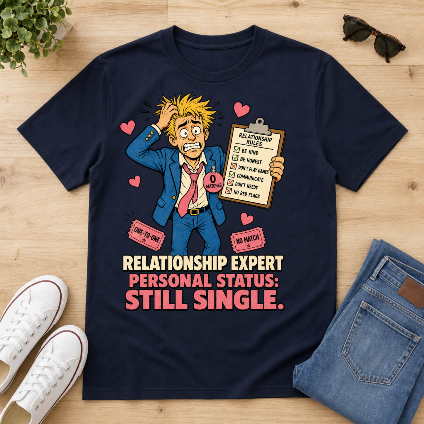 A navy blue graphic t-shirt laid flat on a light wood surface, styled with white sneakers, sunglasses, and folded blue jeans. The shirt features a cartoon illustration of a blond man in a blue suit holding a clipboard with relationship checklist items, surrounded by pink hearts, with the text 'RELATIONSHIP EXPERT PERSONAL STATUS: STILL SINGLE.