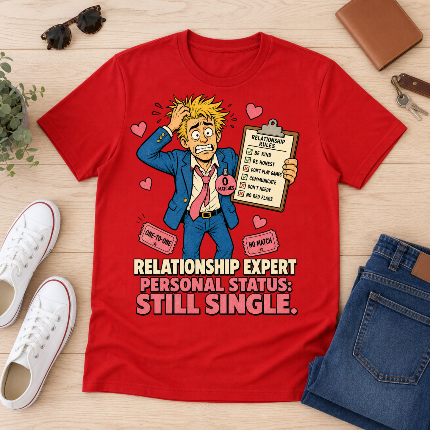 A red graphic t-shirt laid flat on a light wood surface, surrounded by lifestyle props including white sneakers, sunglasses, a wallet, keys, a small plant, and blue jeans. The shirt features a cartoon man labeled 'Relationship Expert' holding a clipboard with relationship questions, and the text 'RELATIONSHIP EXPERT PERSONAL STATUS: STILL SINGLE.