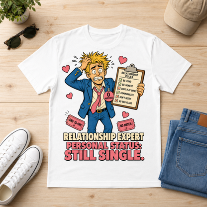 A white graphic t-shirt laid flat on a light wood surface, surrounded by lifestyle props including white sneakers, folded blue jeans, sunglasses, a cap, and a small plant. The shirt features a cartoon man labeled 'Relationship Expert' holding a clipboard with the text 'Relationship Status: Still Single.