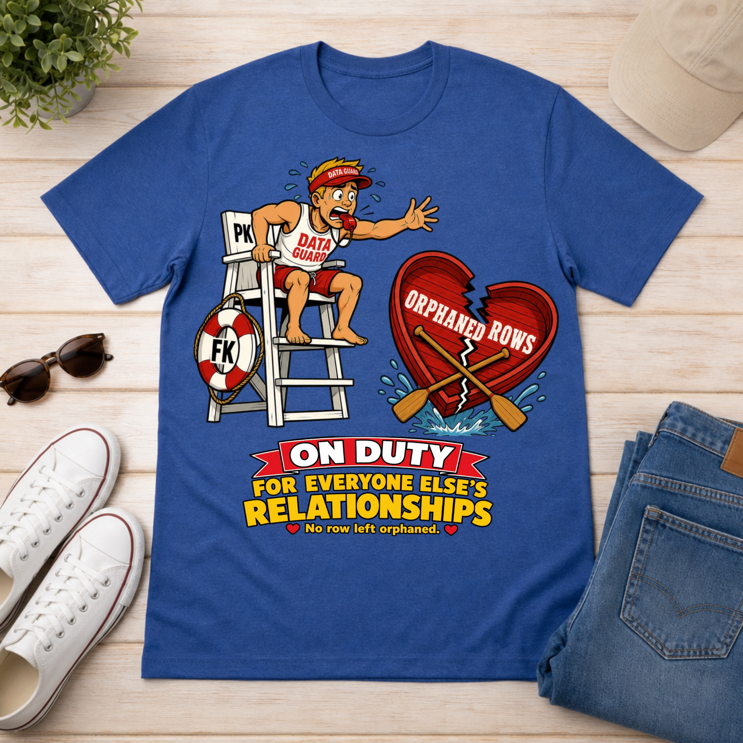 A royal blue graphic t-shirt laid flat on a light wood surface, surrounded by lifestyle props including white sneakers, sunglasses, a beige cap, and folded blue jeans. The shirt features a cartoon graphic of a lifeguard sitting on a tower with a broken heart and the text 'ORPHANED ROWS' and 'ON DUTY FOR EVERYONE ELSE'S RELATIONSHIPS'.