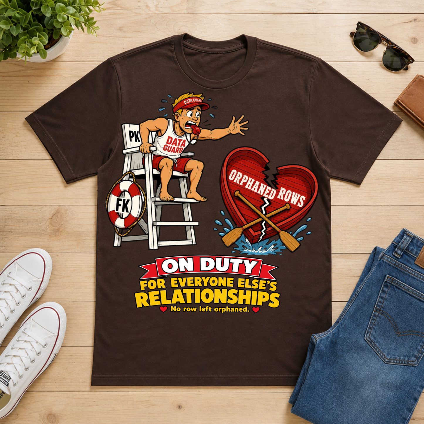 A dark brown graphic t-shirt laid flat on a light wood background, surrounded by lifestyle props including white sneakers, sunglasses, a wallet, and blue jeans. The t-shirt features a cartoon lifeguard on a ladder next to a broken red heart with the text 'ORPHANED ROWS' and the slogan 'ON DUTY FOR EVERYONE ELSE'S RELATIONSHIPS'.