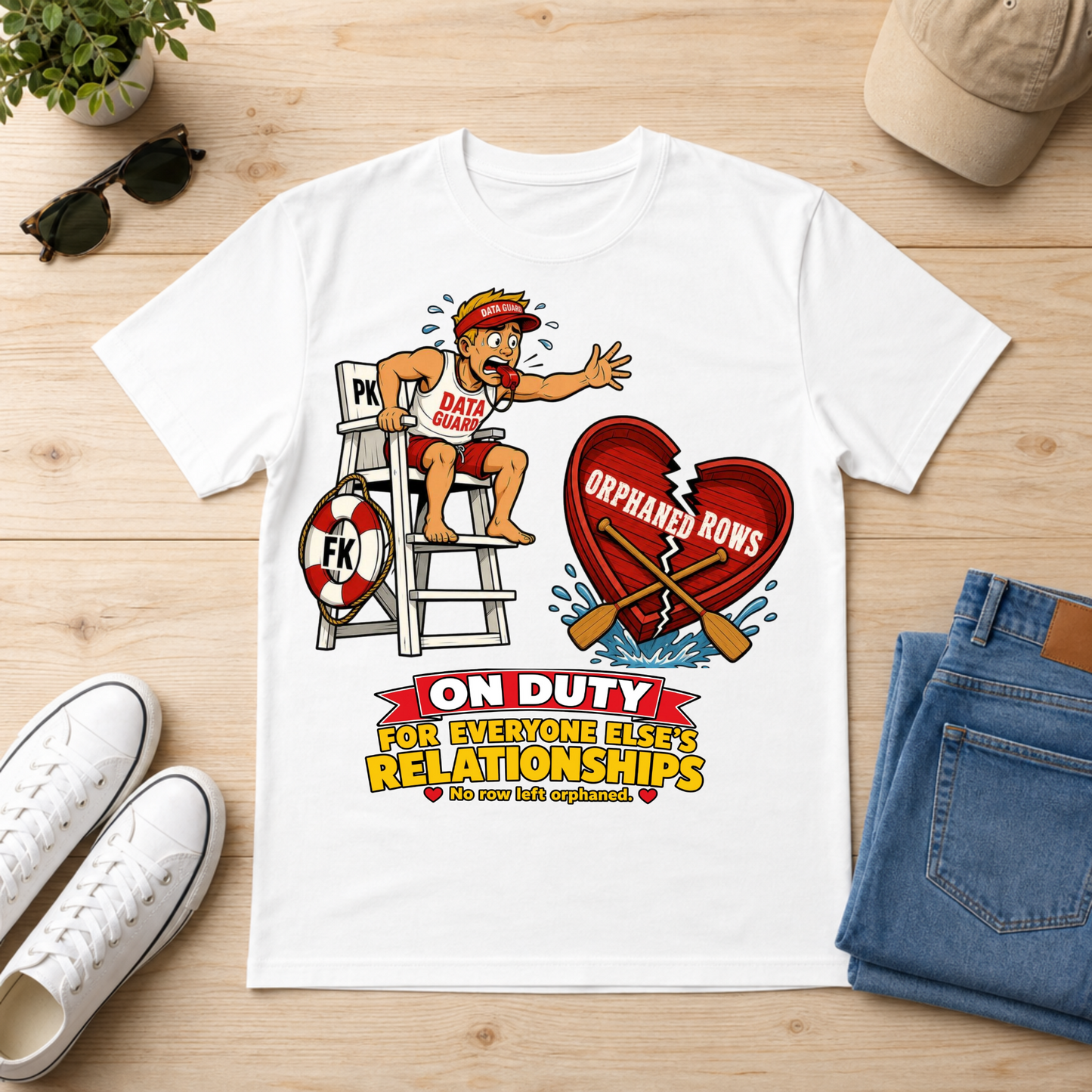 A white graphic t-shirt laid flat on a light wood surface, surrounded by lifestyle props including white sneakers, folded blue jeans, sunglasses, a cap, and a small plant. The t-shirt features a cartoon graphic of a lifeguard sitting on a ladder next to a broken red heart with the text 'ORPHANED ROWS' and the phrase 'ON DUTY FOR EVERYONE ELSE'S RELATIONSHIPS'.