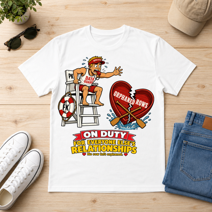 A white graphic t-shirt laid flat on a light wood surface, surrounded by lifestyle props including white sneakers, folded blue jeans, sunglasses, a cap, and a small plant. The t-shirt features a cartoon graphic of a lifeguard sitting on a ladder next to a broken red heart with the text 'ORPHANED ROWS' and the phrase 'ON DUTY FOR EVERYONE ELSE'S RELATIONSHIPS'.