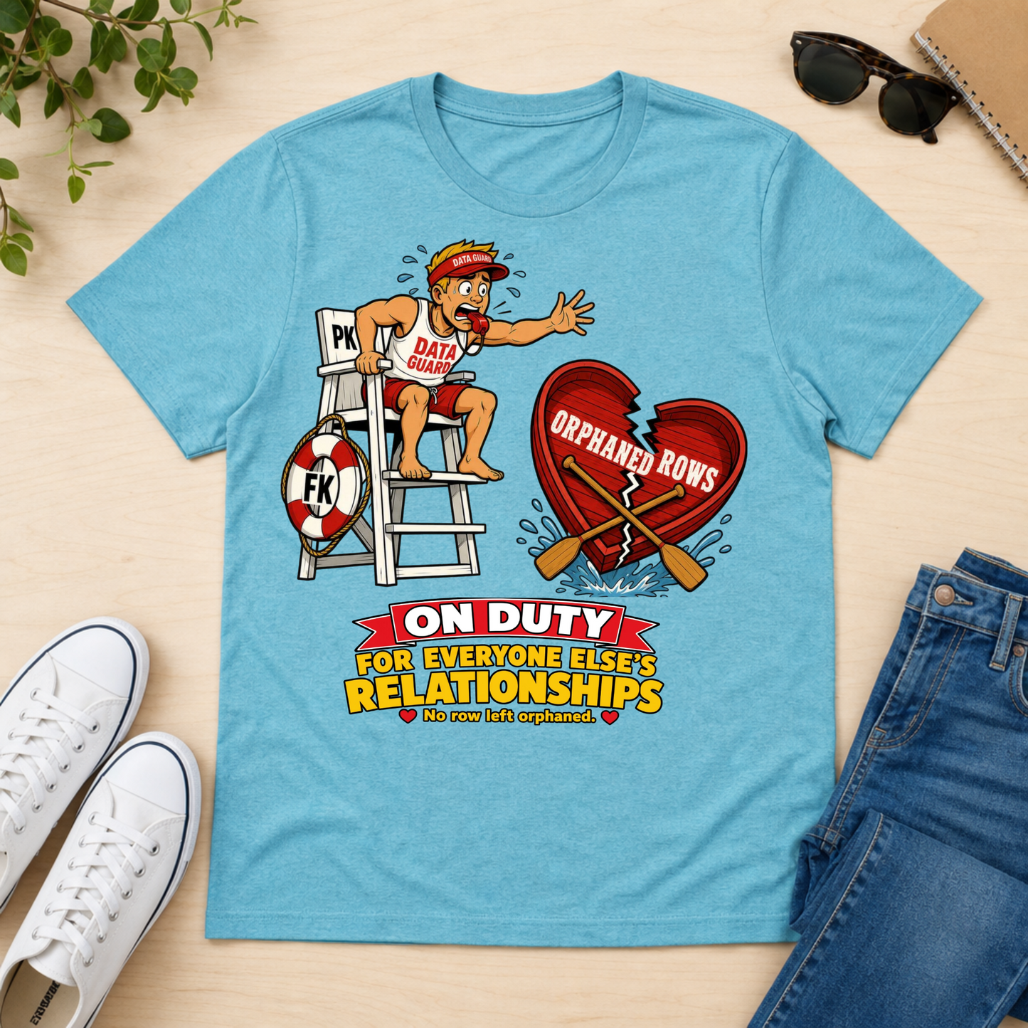 A light blue graphic t-shirt laid flat on a light wood surface, surrounded by lifestyle props including white sneakers, sunglasses, a notebook, and blue jeans. The graphic features a cartoon lifeguard with the text 'DATA GUY' on a ladder next to a broken red heart that reads 'ORPHANED ROWS' and the text 'ON DUTY FOR EVERYONE ELSE'S RELATIONSHIPS'.