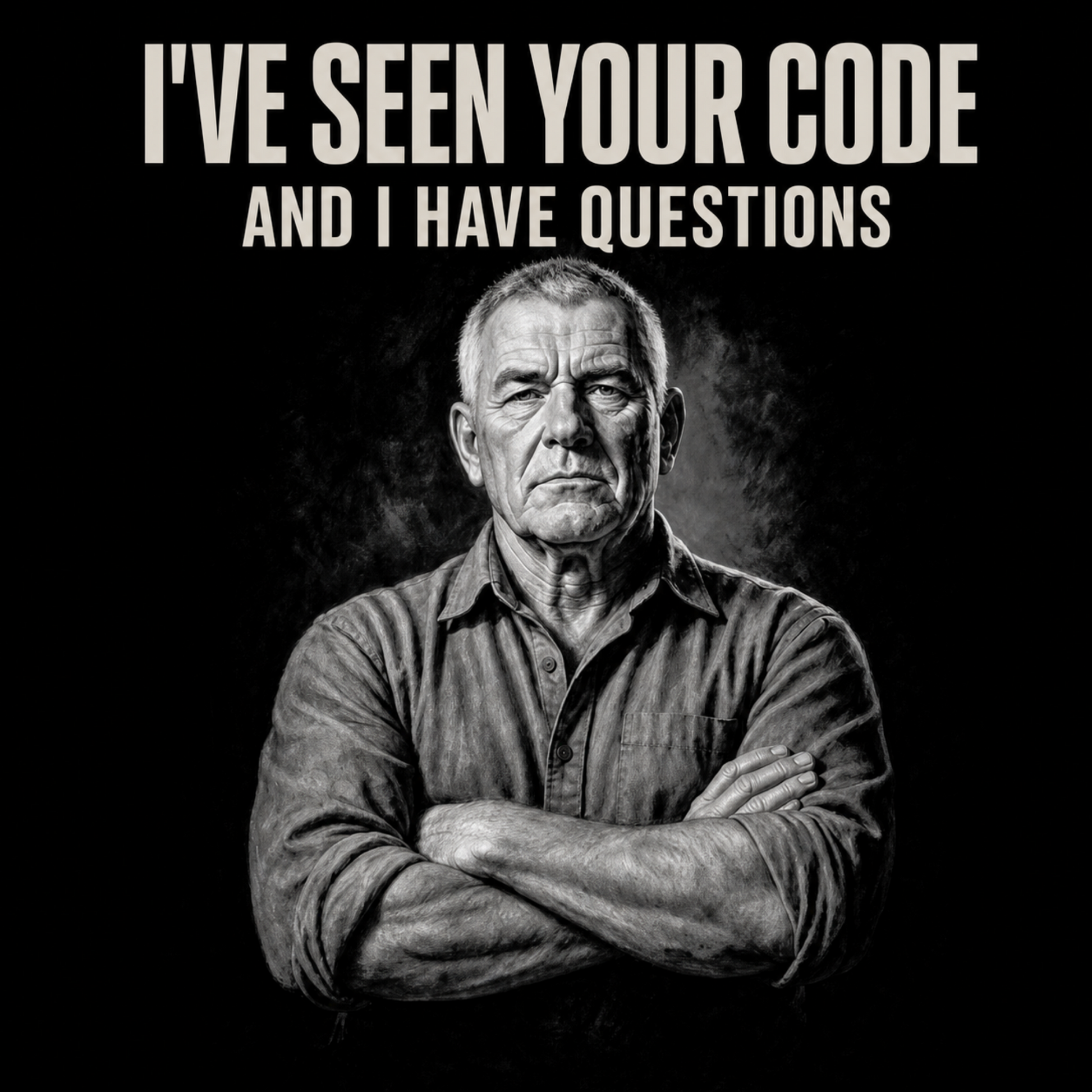 I've Seen Your Code and I Have Questions funny code review t-shirt, white print on black tee