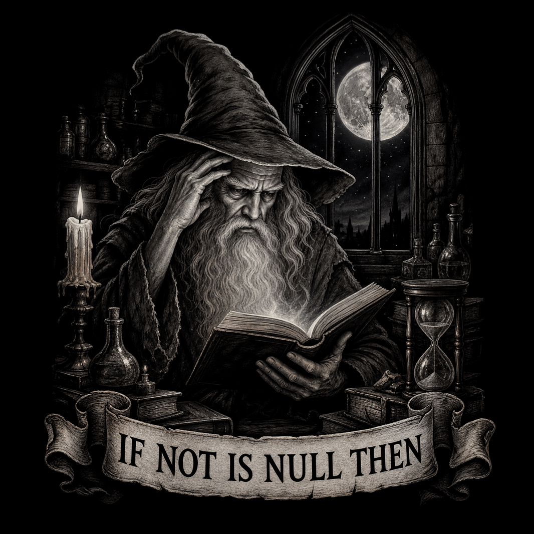 A dark fantasy-style illustration of an old wizard with a long pointed hat and beard, holding an open glowing book in a study at night. Candles, bottles, an hourglass, and an arched window with a full moon are visible around him.