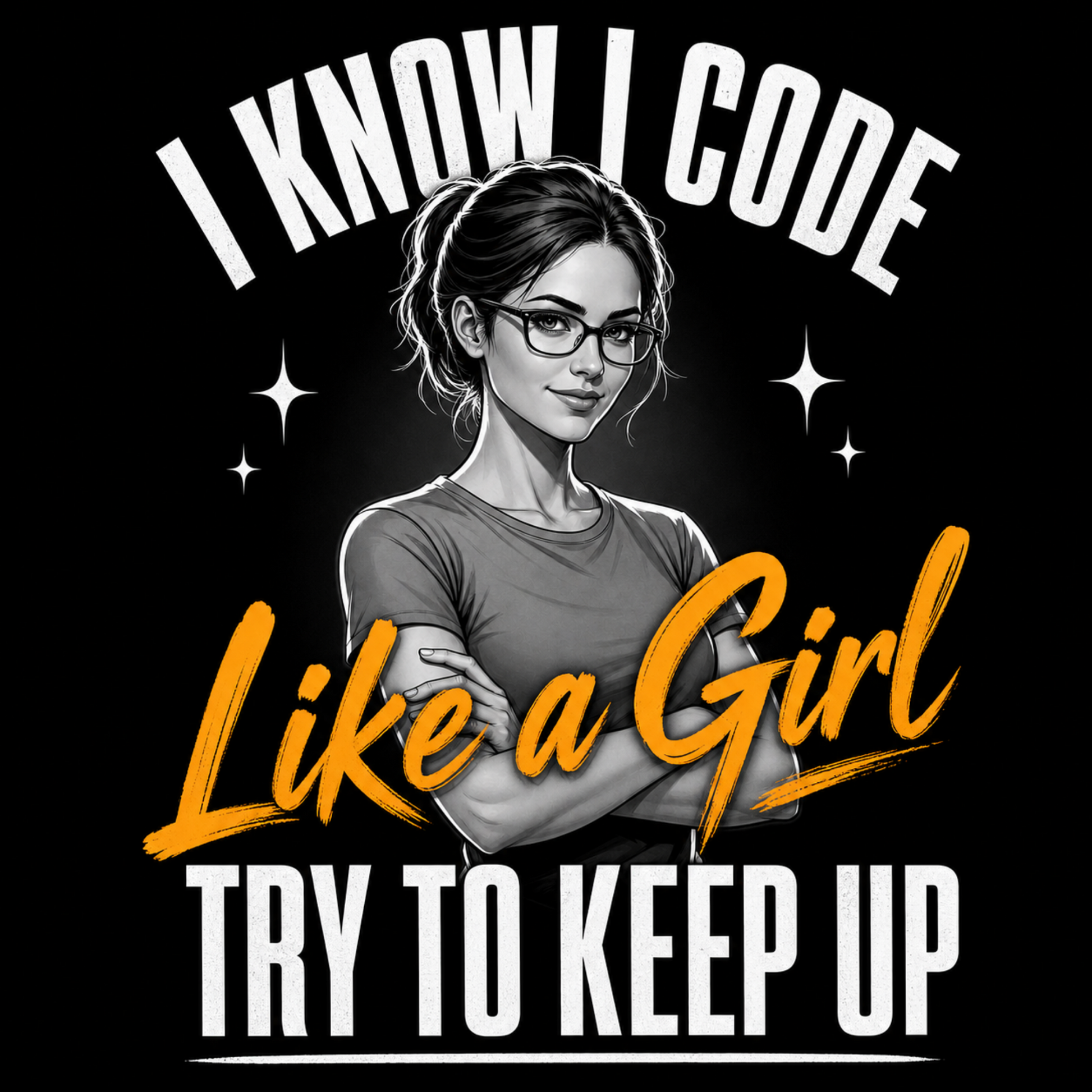 A black graphic print featuring a grayscale illustration of a woman with glasses and arms crossed, surrounded by white text reading 'I KNOW I CODE' and 'TRY TO KEEP UP' with large orange text reading 'Like a Girl'.