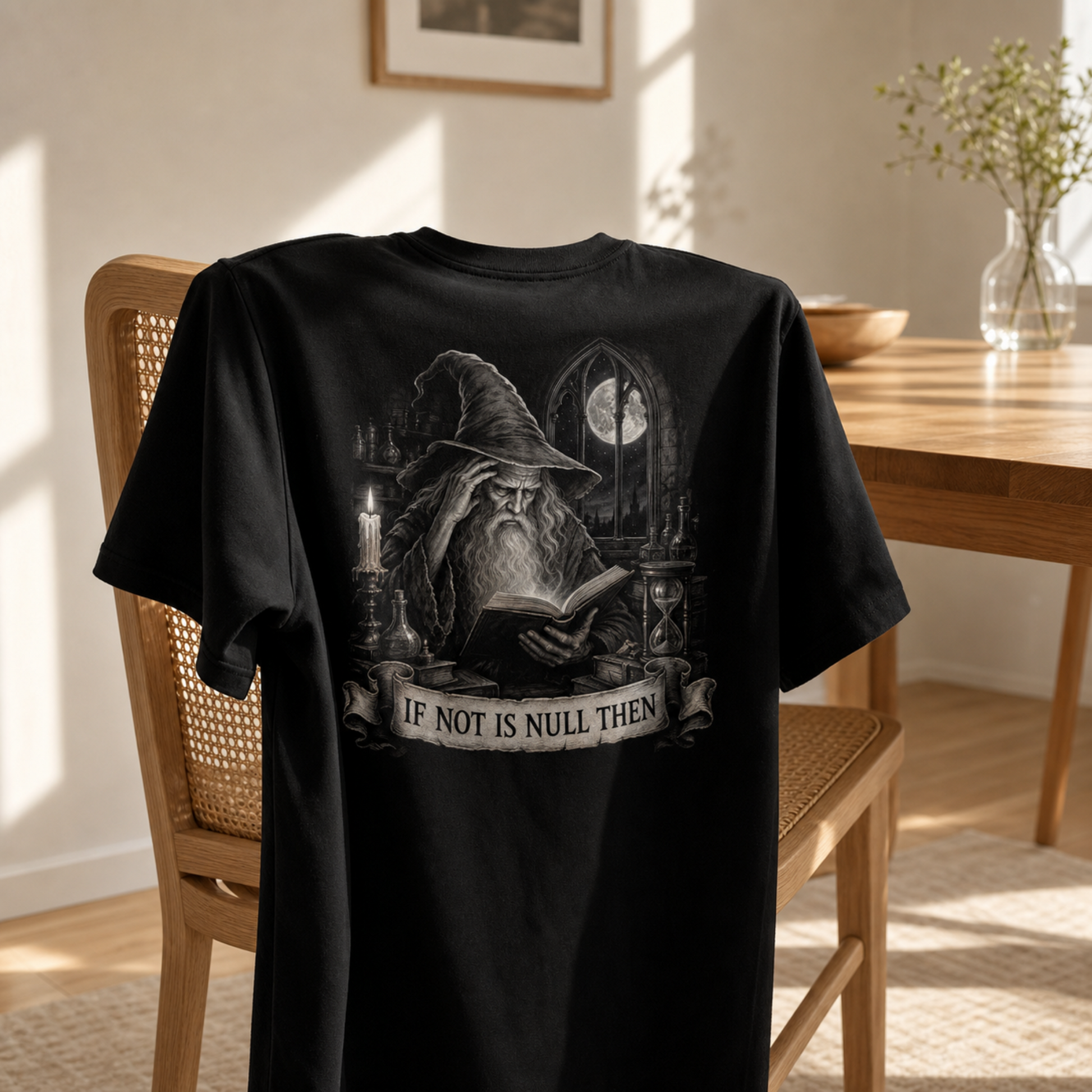 A black short-sleeve T-shirt draped over a wooden chair in a sunlit room, featuring a large grayscale fantasy graphic of a wizard with the text 'IF NOT NULL THEN' on a banner.