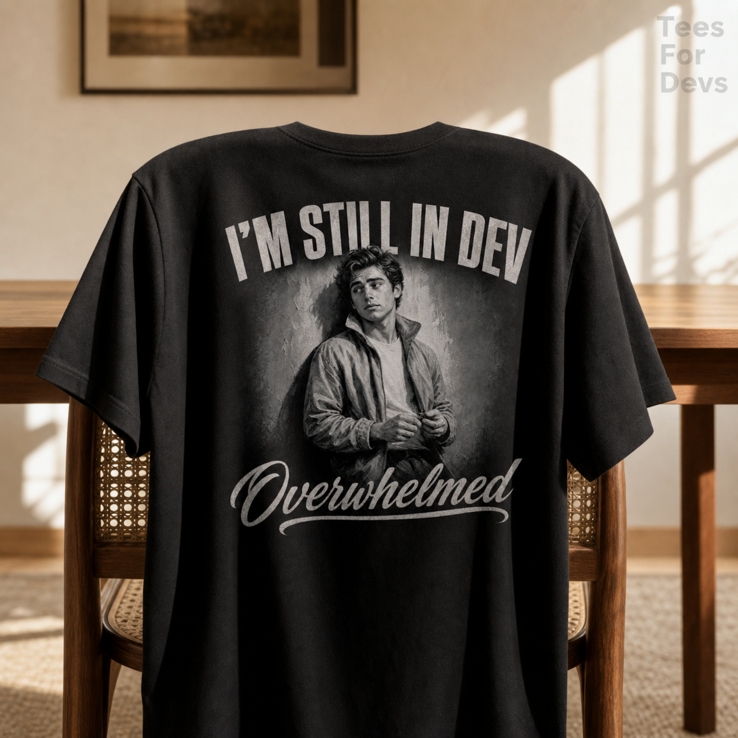 A black graphic t-shirt displayed on a wooden chair in a warm, sunlit room. The back of the shirt features a grayscale portrait of a man and the text 'I'M STILL IN DEV Overwhelmed' in white.