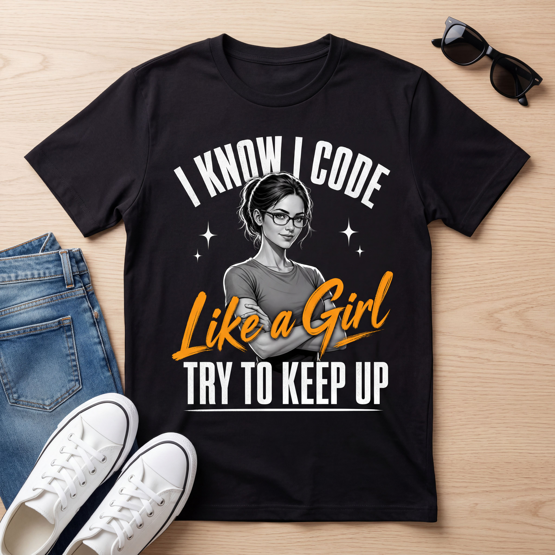 A black graphic t-shirt laid flat on a light wood surface, styled with blue jeans, white sneakers, and black sunglasses. The t-shirt features a graphic of a woman with glasses and the text 'I KNOW I CODE Like a Girl TRY TO KEEP UP' in white and orange.