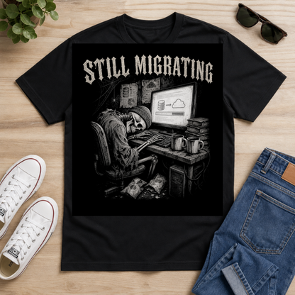 A black graphic t-shirt laid flat on a light wood surface, featuring a detailed black-and-white illustration of a skeleton sleeping at a desk with the text 'STILL MIGRATING' above it. The shirt is styled with white sneakers, blue jeans, sunglasses, and a small plant.