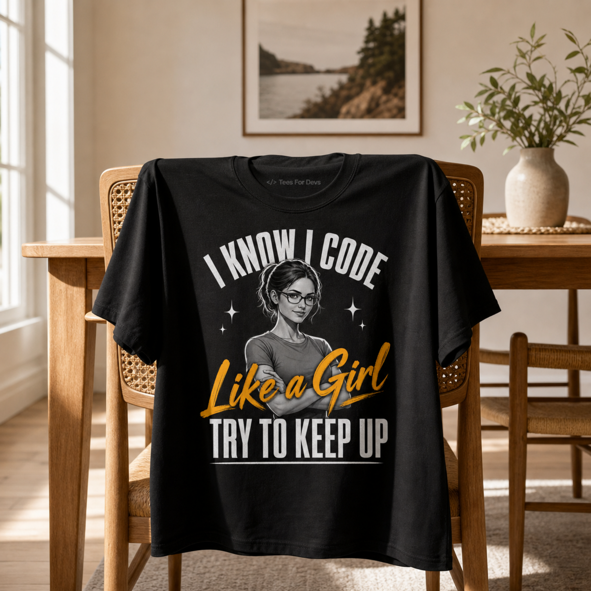 A black graphic T-shirt draped over a wooden chair in a warm, sunlit home interior. The shirt features a grayscale illustration of a woman with glasses and the text 'I KNOW I CODE Like a Girl TRY TO KEEP UP' in white and mustard yellow.