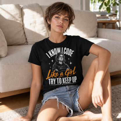 A woman sits on a rug in a living room wearing a black graphic T-shirt with the text 'I KNOW I CODE Like a Girl TRY TO KEEP UP' and a grayscale portrait print, paired with denim shorts.
