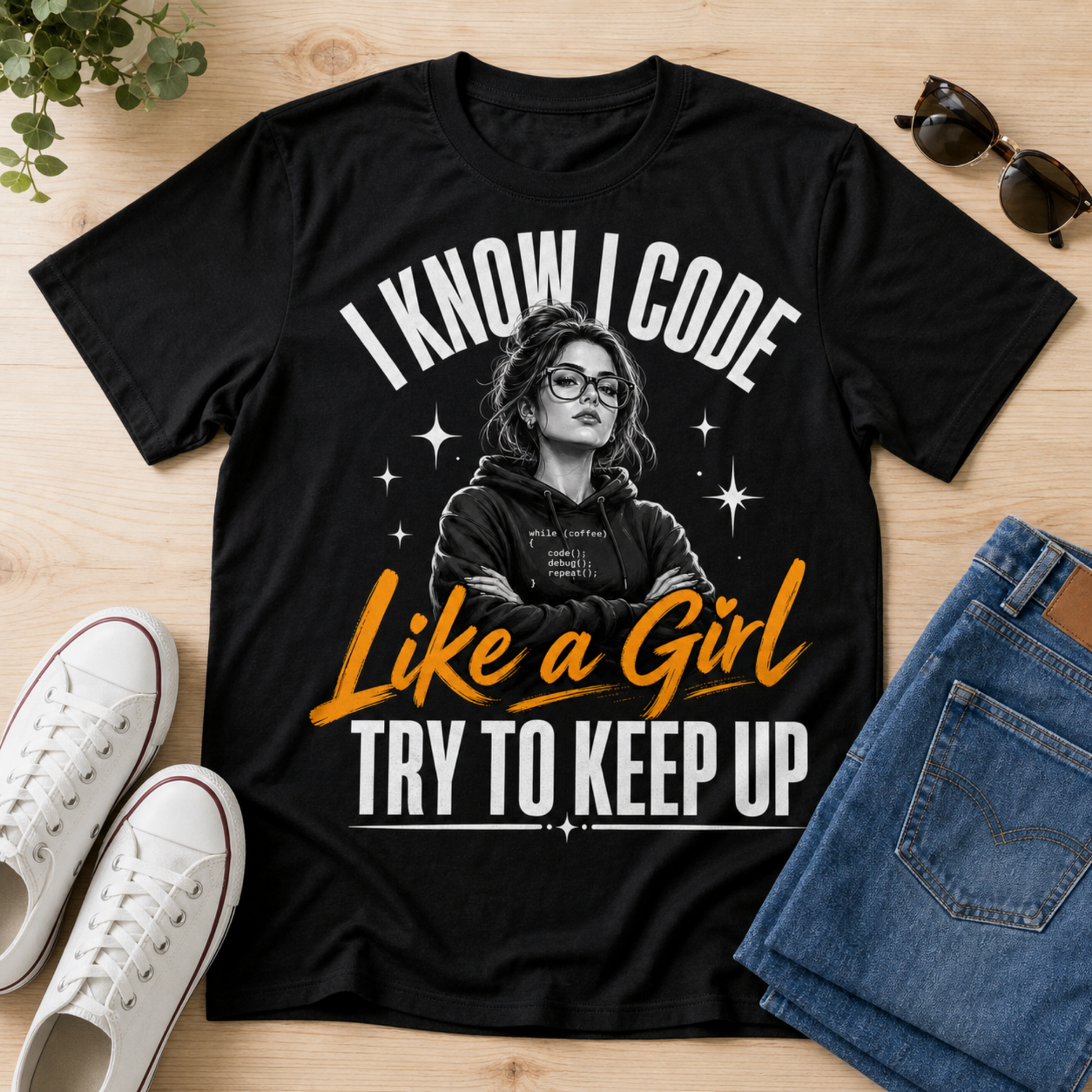A black graphic T-shirt laid flat on a light wood surface, surrounded by white sneakers, folded blue jeans, sunglasses, and a small plant. The shirt features a grayscale photo of a woman with glasses and the text 'I KNOW I CODE Like a Girl TRY TO KEEP UP' in white and orange.