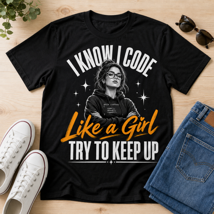A black graphic T-shirt laid flat on a light wood surface, surrounded by white sneakers, folded blue jeans, sunglasses, and a small plant. The shirt features a grayscale photo of a woman with glasses and the text 'I KNOW I CODE Like a Girl TRY TO KEEP UP' in white and orange.