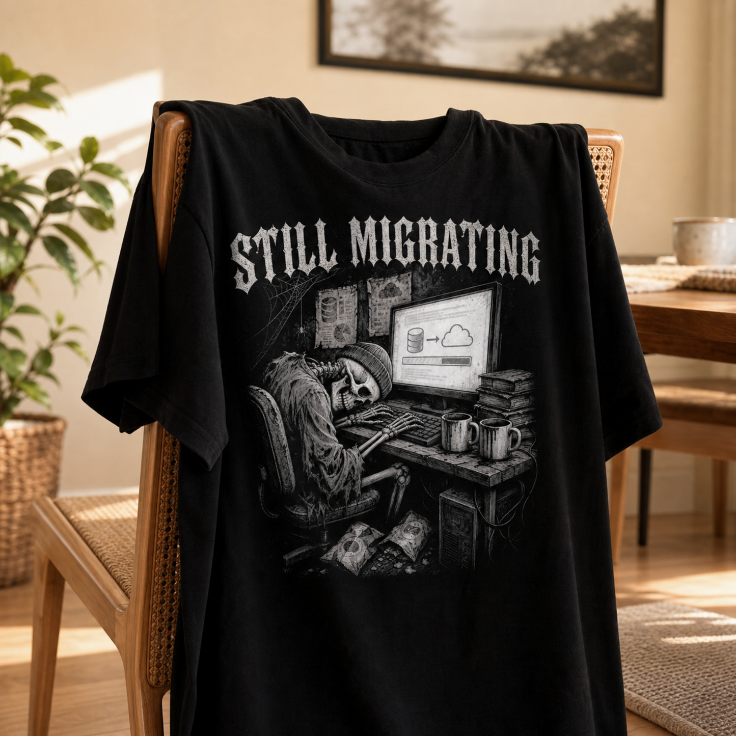A black graphic T-shirt hanging on a wooden chair in a warm indoor room. The shirt features a large white gothic-style graphic reading 'STILL MIGRATING' above an illustrated skeleton sitting at a desk with a computer, mug, and stacks of papers.