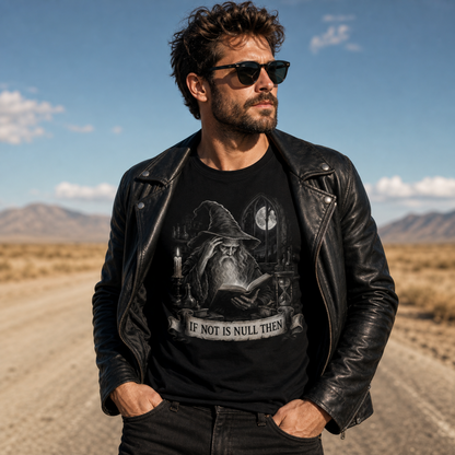 A man wearing a black leather jacket and black t-shirt with a graphic print of a wizard and the text 'IF NOT IS NULL THEN' stands on a dirt road in a desert landscape.