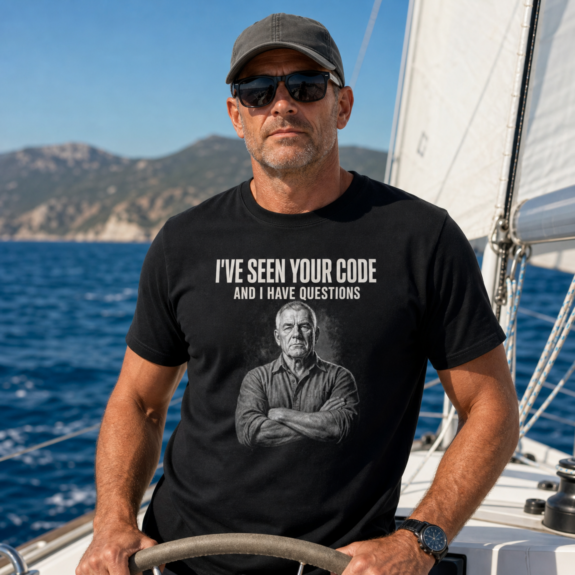 Man wearing I've Seen Your Code black programmer t-shirt Man sailing a boat