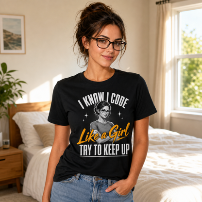 A woman wearing a black graphic t-shirt with the text 'I KNOW I CODE Like a Girl TRY TO KEEP UP' and a grayscale illustration of a woman with glasses, standing in a brightly lit bedroom.