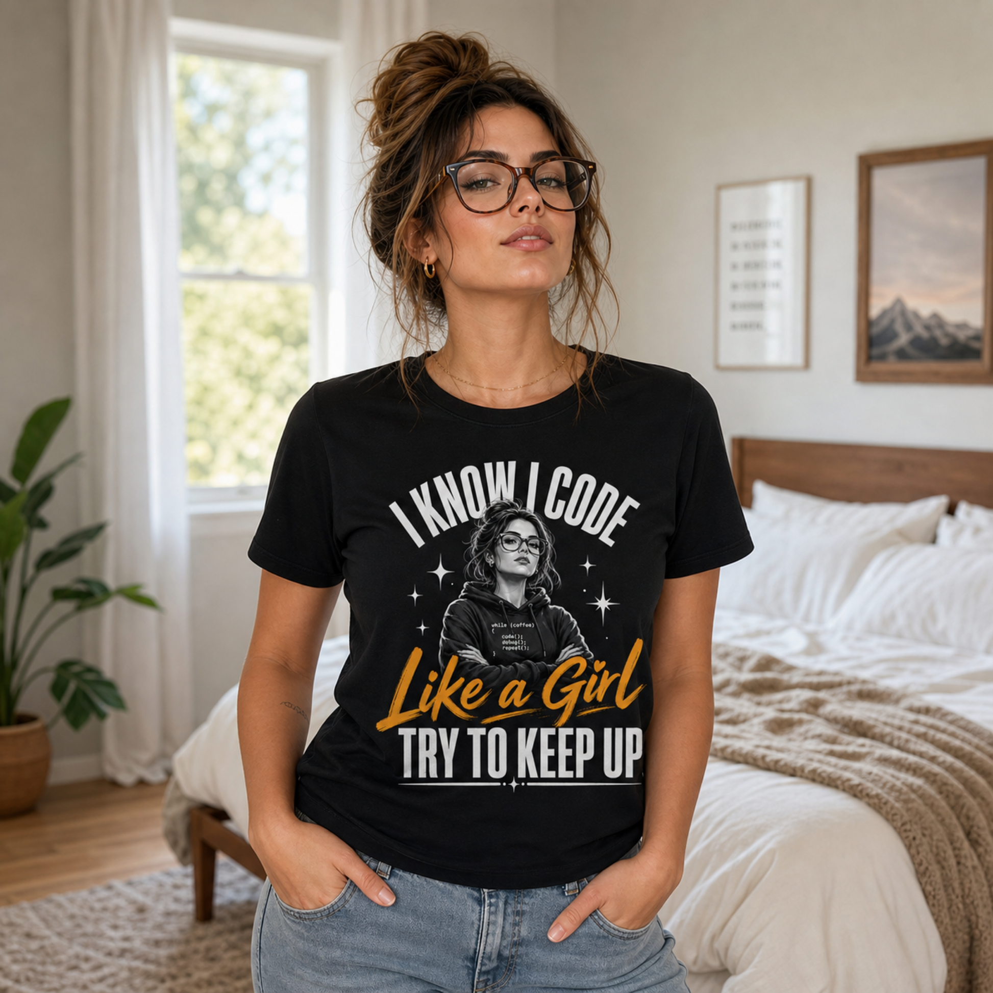 A woman wearing a black graphic t-shirt with the text 'I KNOW I CODE Like a Girl TRY TO KEEP UP' and a graphic of a woman with glasses, standing in a bright bedroom.