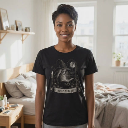 If Not Is Null Then funny gothic programmer t-shirt, wizard reading a spellbook by candlelight, white print on black tee